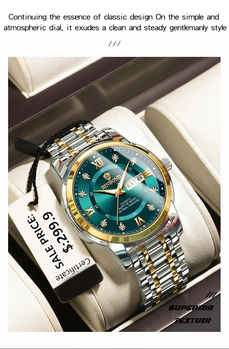 Luxury Men's Business Watch – Stainless Steel Quartz, Waterproof, Diamond Dial