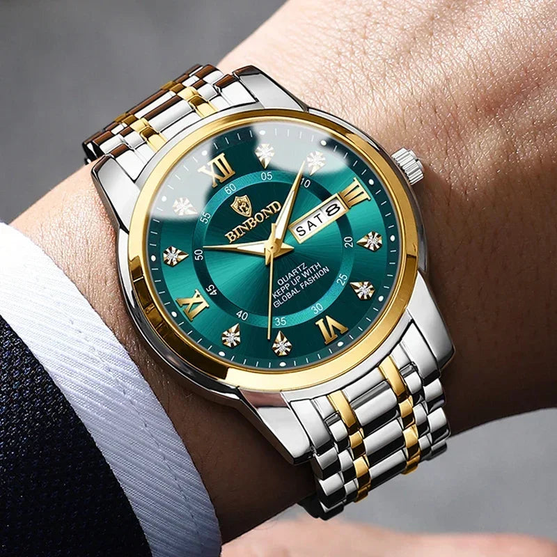 Luxury Men's Business Watch – Stainless Steel Quartz, Waterproof, Diamond Dial