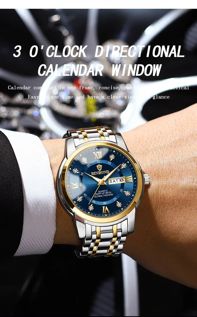 Luxury Men's Business Watch – Stainless Steel Quartz, Waterproof, Diamond Dial