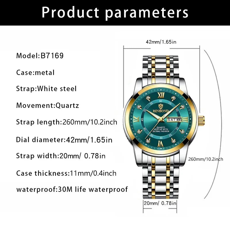 Luxury Men's Business Watch – Stainless Steel Quartz, Waterproof, Diamond Dial