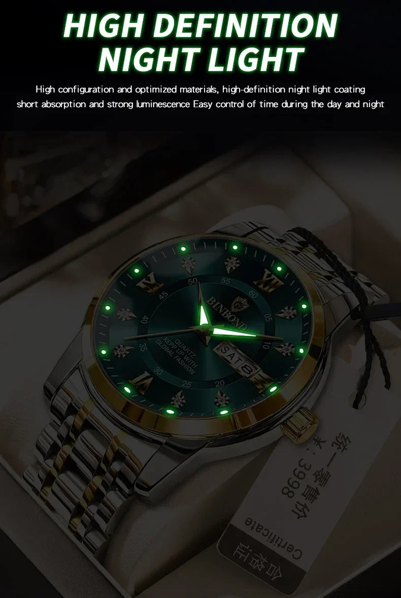 Luxury Men's Business Watch – Stainless Steel Quartz, Waterproof, Diamond Dial