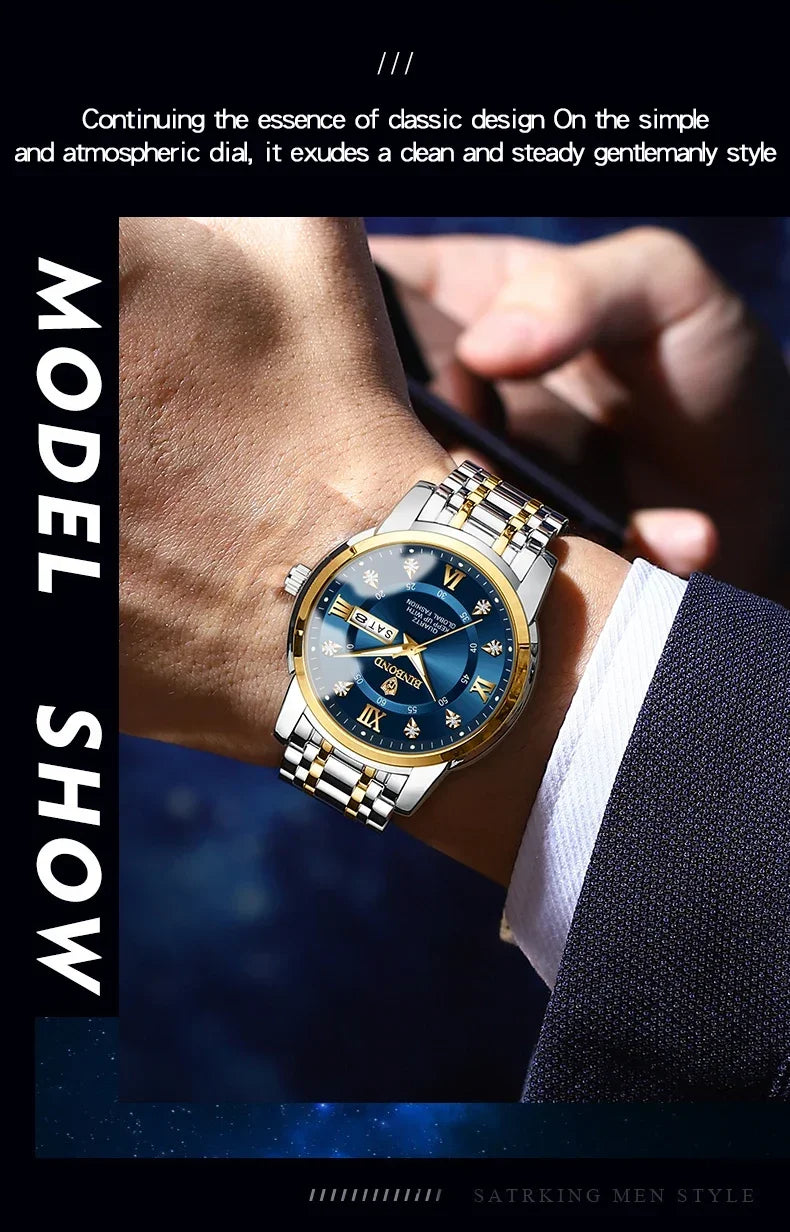 Luxury Men's Business Watch – Stainless Steel Quartz, Waterproof, Diamond Dial