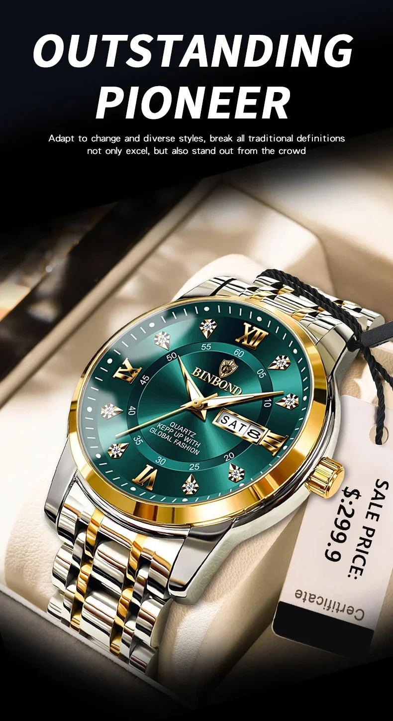 Luxury Men's Business Watch – Stainless Steel Quartz, Waterproof, Diamond Dial