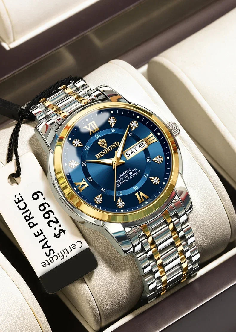 Luxury Men's Business Watch – Stainless Steel Quartz, Waterproof, Diamond Dial