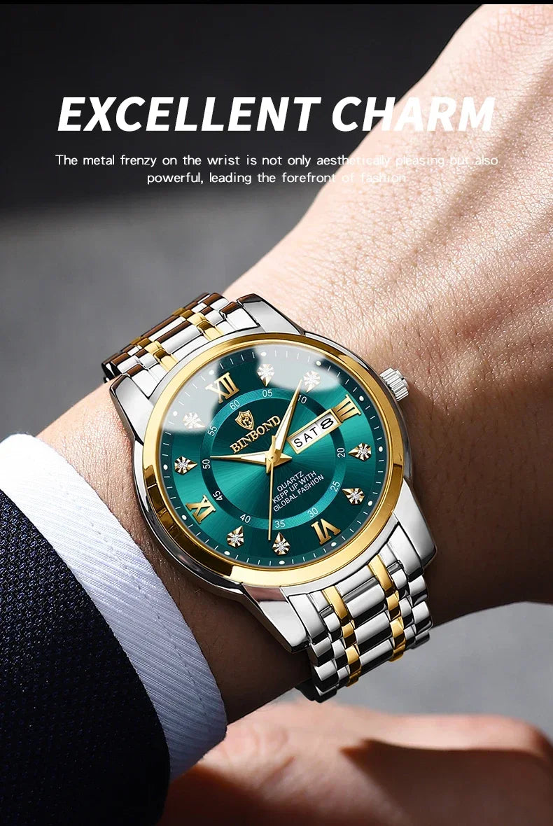 Luxury Men's Business Watch – Stainless Steel Quartz, Waterproof, Diamond Dial
