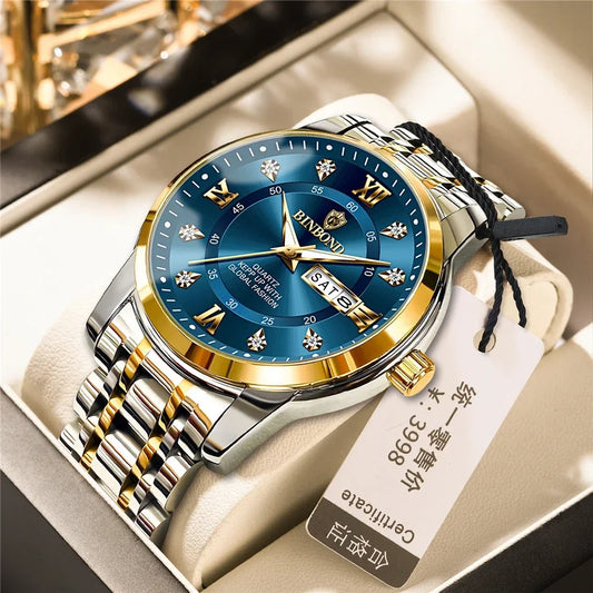 Luxury Men's Business Watch – Stainless Steel Quartz, Waterproof, Diamond Dial