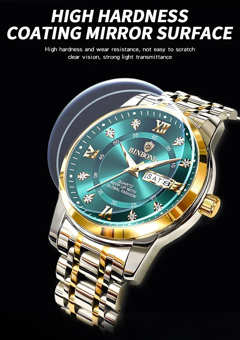 Luxury Men's Business Watch – Stainless Steel Quartz, Waterproof, Diamond Dial
