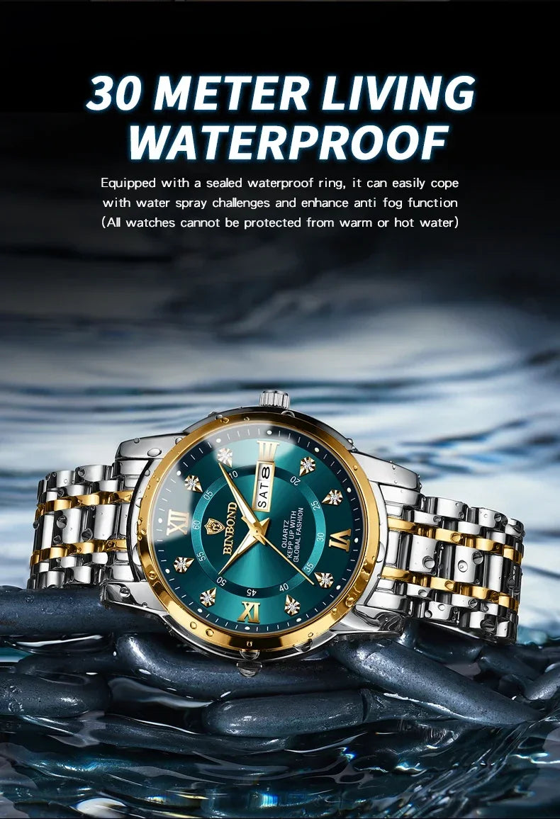 Luxury Men's Business Watch – Stainless Steel Quartz, Waterproof, Diamond Dial